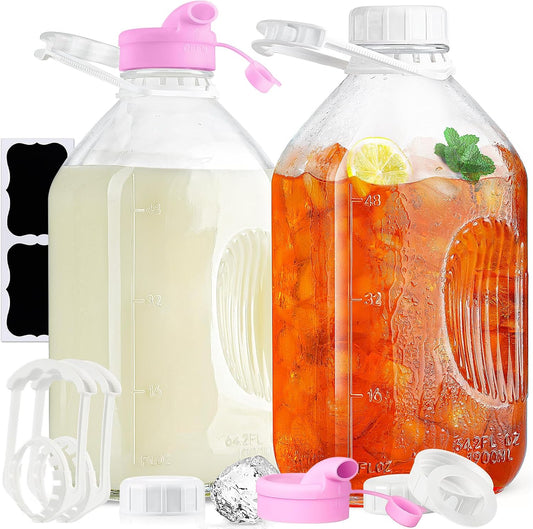 2 Pack 1/2 Gallon Glass Milk Bottles with Airtight Screw Lid & Handle & 2 Spouts - Heavy Duty Glass Water Bottles - Breastmilk Jug Pitcher with Scale Lines, Milk Container for Refrigerator Storage