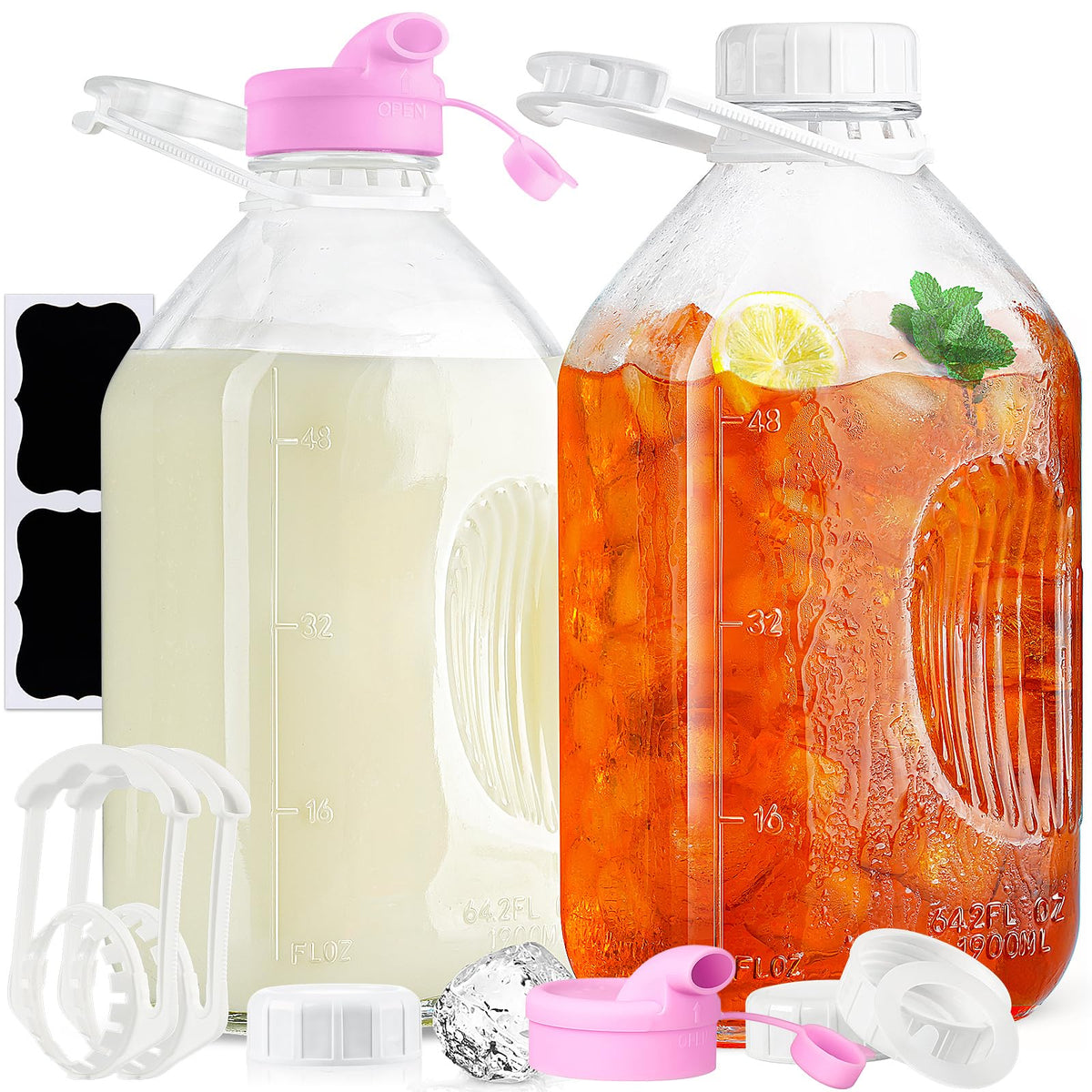 2 Pack 1/2 Gallon Glass Milk Bottles with Airtight Screw Lid & Handle & 2 Spouts - Heavy Duty Glass Water Bottles - Breastmilk Jug Pitcher with Scale Lines, Milk Container for Refrigerator Storage