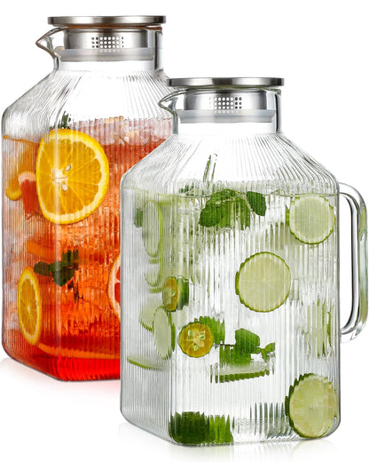 1 Gallon Square Classic Stripes Glass Pitcher with Lid, Pitchers for Fridge