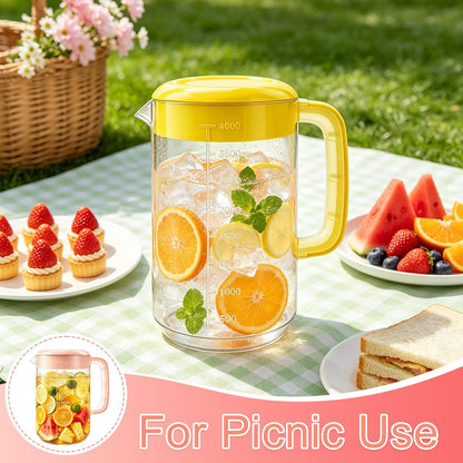 Nexboraque 2 Pack 1 Gallon Plastic Straining Pitcher with Lid - Large Water Pitcher with Handle and Measurements for Cold Drinks and Iced Tea - Pink, Yellow