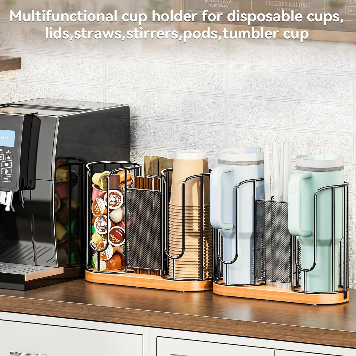 Coffee Cup and Lids Holder - 8oz-24oz Disposable Cups Organizer Wooden Base
