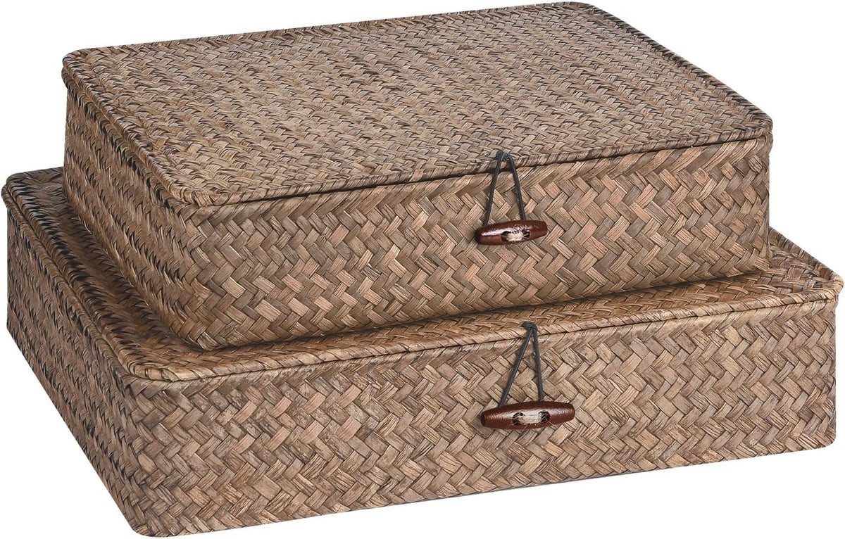Set of 2 Flat Seagrass Storage Bins with Lid Wicker Storage Baskets for Organizing, Woven Shelf Organizer Bins Home Utility Organizer Box for Home & Office Supplies(Coffee)
