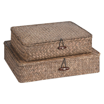 Set of 2 Flat Seagrass Storage Bins with Lid Wicker Storage Baskets for Organizing, Woven Shelf Organizer Bins Home Utility Organizer Box for Home & Office Supplies(Coffee)