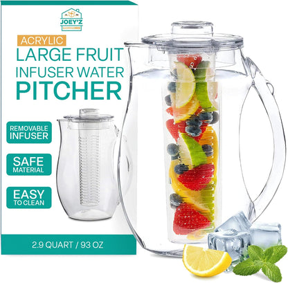 Large Fruit Infuser Water Pitcher (2.9 Quart/93 Oz) – Shatterproof Acrylic