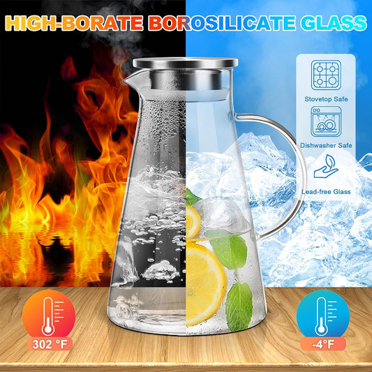 SUSTEAS 2L/68oz Glass Pitcher with Lid and Handle,Carafe for Hot/Cold Water