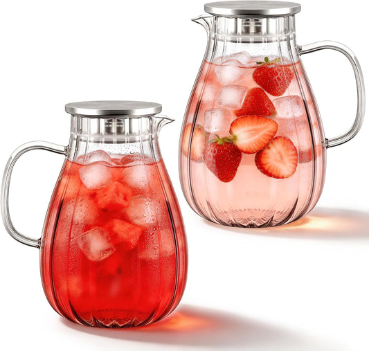2 Pack Glass Pitcher with Lid and Handle for Fridge, Iced Tea and Coffee Carafe Beverage Serveware, 2 Liters/68 oz Heat Resistant Borosilicate Water Jug for Hot/Cold Drinks