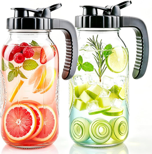 Glass Pitcher With Pour Spout Lid 64 OZ Wide Mouth Mason Jar Pitcher 2 Pack