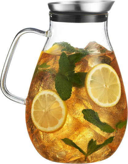84- OZ Glass Pitcher With Stainless Steel Lid | Beautiful Lightweight Beverage Jug Carafe With A Wide Handle | Great For Cold & Hot Drinks Like Tea, Lemonade, Juice, Water, Coffee, Cold Brew