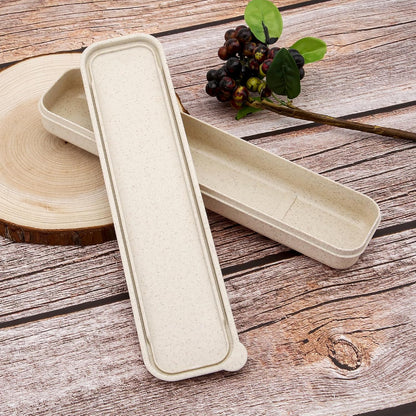 1pcs Reusable Utensils Wheat Straw Travel Cutlery Box, Portable Tableware Flatware Box for Picnic Camping (Beige)