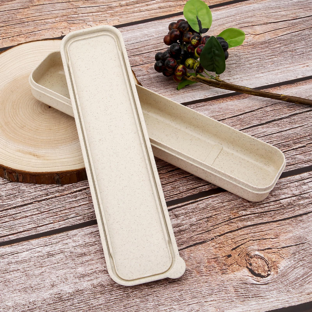 1pcs Reusable Utensils Wheat Straw Travel Cutlery Box, Portable Tableware Flatware Box for Picnic Camping (Beige)